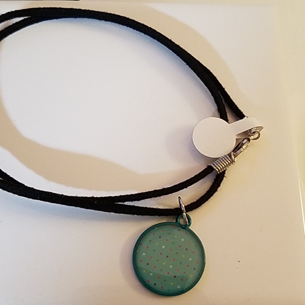 Vegan Suede Necklace 18" Black Teal Charm